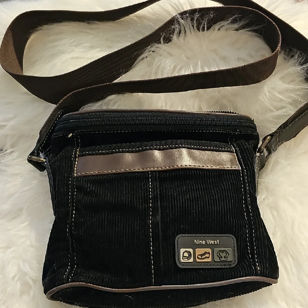 Nine West Black Corduroy Messenger Bag with Brown Trim. Crossbody‎
